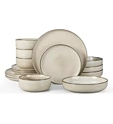 Herogo Dinnerware Sets with Pasta Bowls, 16 Piece Plates and Bowls Set for 4, Modern Stoneware Di...