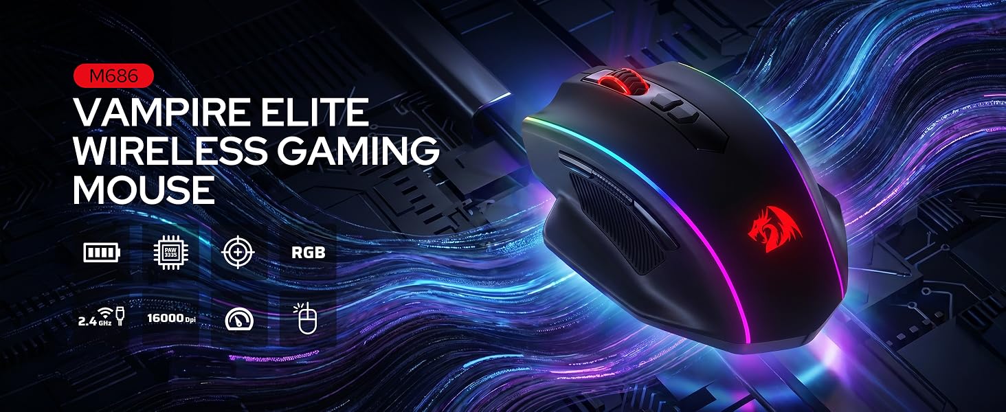 Redragon M686 wireless mouse with 16000 DPI for PC gaming delivers fast precise control