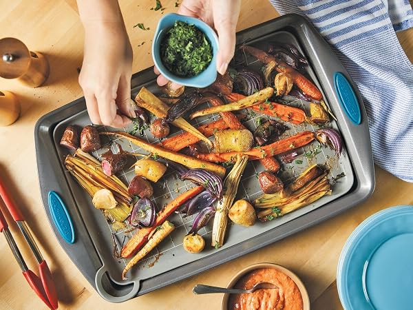 Racahel Ray roasted carots and potatoes on silicone mat