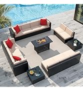 Greesum Patio Furniture Sets 15-Pieces Outdoor PE Rattan Sectional Sofa w/43in Gas Fire Pit Table...