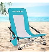 HAUSHOF High Back Beach Chair, Mesh Back Folding Chair, Lightweight Low Seat Camping Chairs with ...