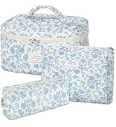 senbowe Floral Makeup Bag, 3 Pack Large Cotton Quilted Makeup Bag Set, Cute Floral Coquette Aesth...
