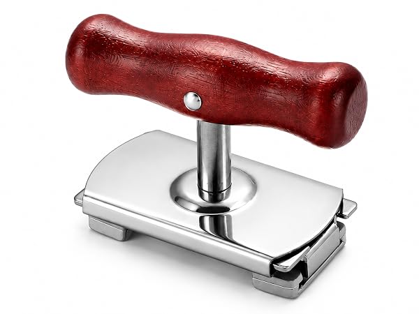 close view of adjustable jar opener with wood handle and polished metal body
