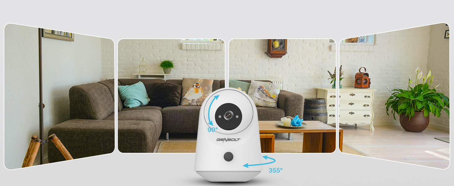 White dome-shaped security camera in living room setting, featuring rotating base and lens pointed towards seating area.
