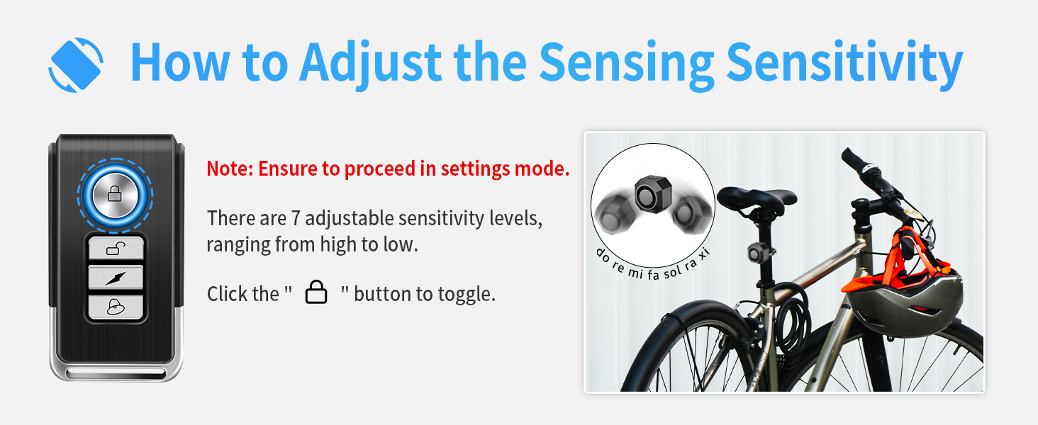 Text reads 'How to Adjust the Sensing Sensitivity' and 'Note: Ensure to proceed in settings mode.' Shows remote control interface and bicycle with sensor installation diagram.