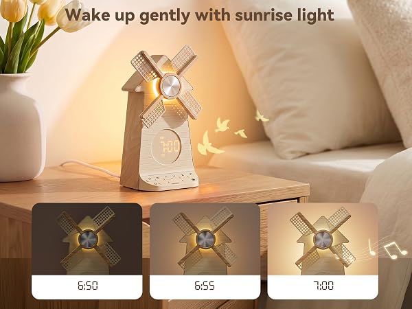 Sunrise Alarm Clock with Rotating Windmill, White Noise Machine