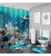Nkzply 4 Pcs Blue Ocean Shower Curtain Set Starfish Coral Bathroom Sets with Shower Curtain and R...