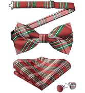 HISDERN Bow Ties for Men Pre-Tied Bow Tie Set Handkerchief & Cufflinks Plaid Classic Formal Bowti...