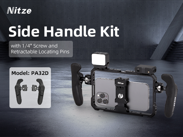 Text reads 'Nitze Side Handle Kit Model: PA32D'. Professional camera mounting equipment shown against dark background with metallic components visible.