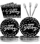 Wiooffen 96PCS Black Silver Birthday Paper Plates and Napkins Party Supplies Happy Birthday Party...