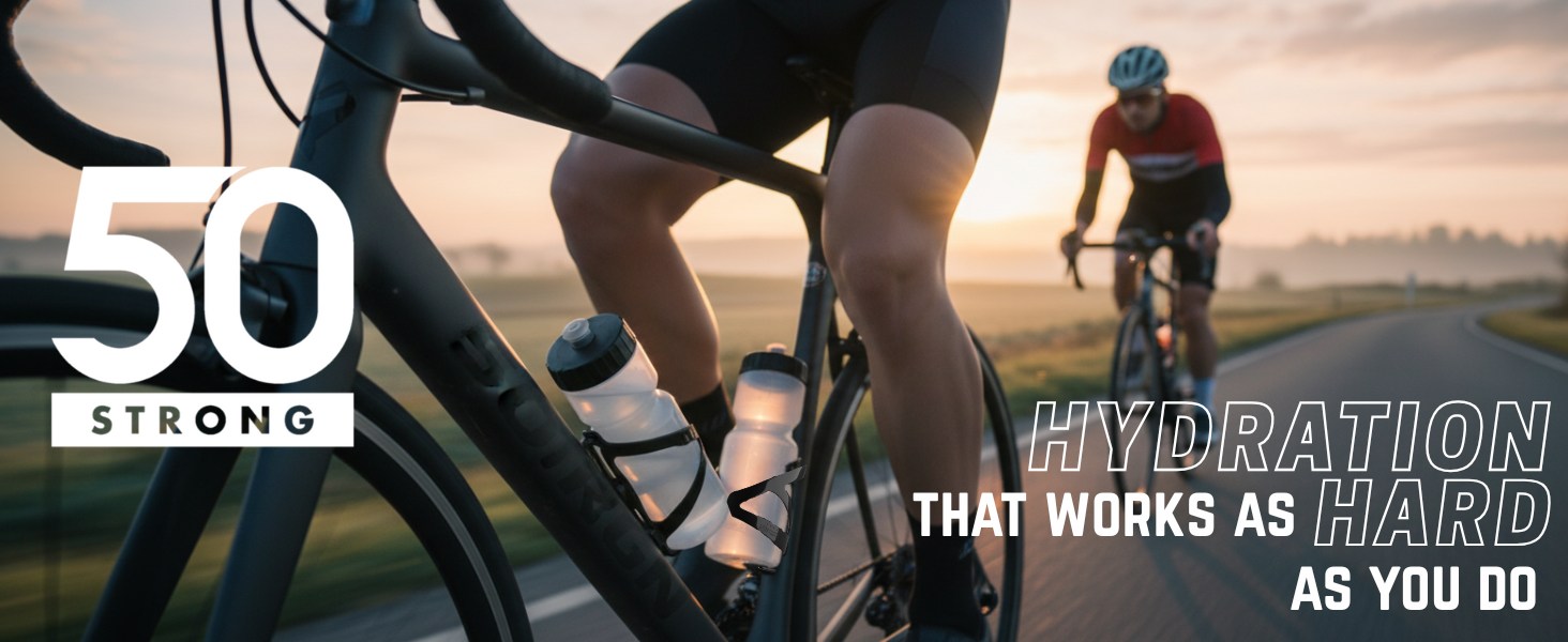Cyclist riding at sunrise with 50 Strong 22 oz bottle in black cage on bike frame.