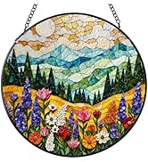 Stained Glass Window Hanging, Colorful Flowers Mountain Stained Glass Suncatchers Indoor Windows ...