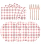 KFJBPB 75 Pcs Pink Gingham Paper Plates and Napkins Party Supplies, Disposable Checkered Plates N...