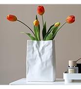 Pumtus Crinkle Paper Bag Ceramic Vase, 7.8 Inch Square Wide Mouth Pleated Vase, Unique White Matt...