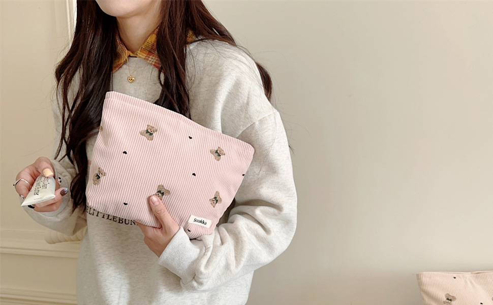 Cute Small Soft Corduroy Zipper Makeup Bag for Purse