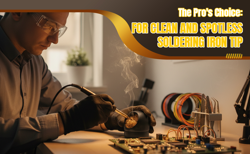 Technician cleaning a tip with dry brass media, against a wet solder sponge/soldering sponge.
