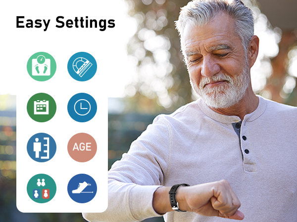Interface showing 'Easy Settings' menu with eight circular icons including fitness, calendar, clock, and age-related settings options.