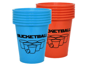 stack of orange and blue bucketball buckets