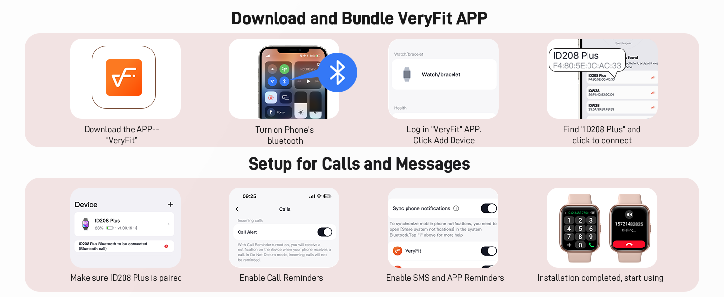 Smartphone app interface screenshots showcasing VeryFit app features, including setup for calls and messages, device pairing, and watch face customization options.
