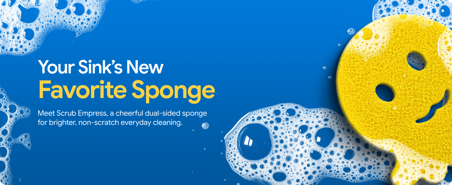 Smiley kitchen sponge with dual-sided scrubber for non-stick cookware and everyday dishes