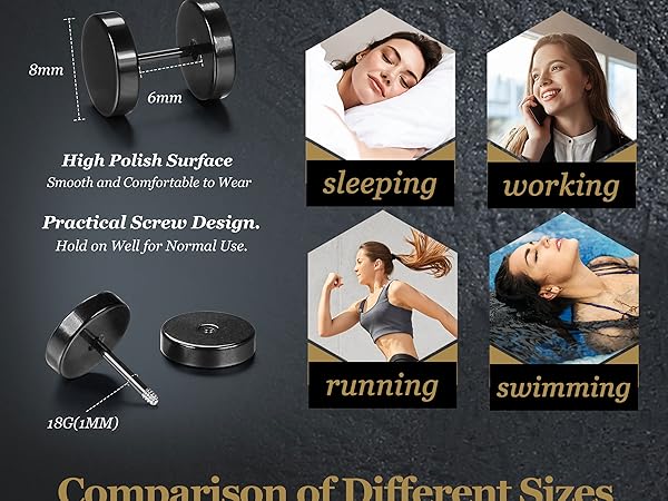 Black Stud Earrings for Men Women Faux Gauges Ear Tunnel Fake Gauge Earrings