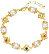 Pikvyo 18K Gold Plated Chain Bracelet for Women with Pearls & Gemstones, Delicate Adjustable Jewe...