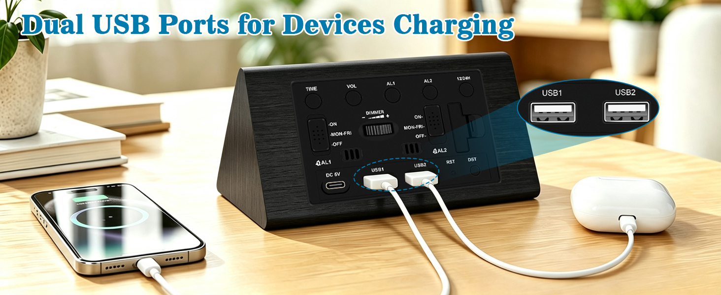 clock with usb charging ports