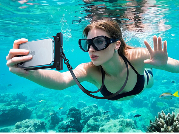 Diving with waterproof phone pouch