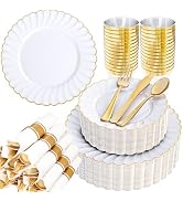 YOUBET 350PCS Gold Scalloped Plastic Plates - White and Gold Disposable Dinnerware Set Include 10...