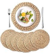 YANGQIHOME 6 Pack, Round Woven Placemats, Natural Water Hyacinth Place mats, Braided Straw Table ...