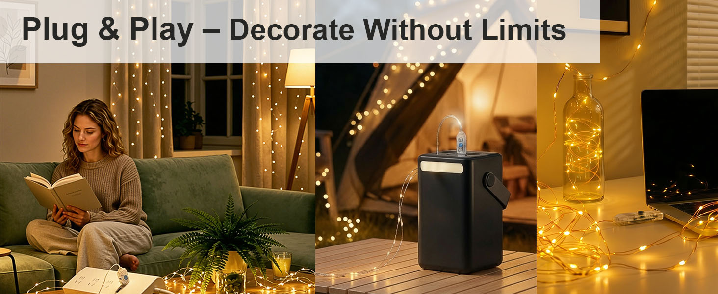 USB powered fairy lights plugged into laptop and power bank for indoor outdoor use