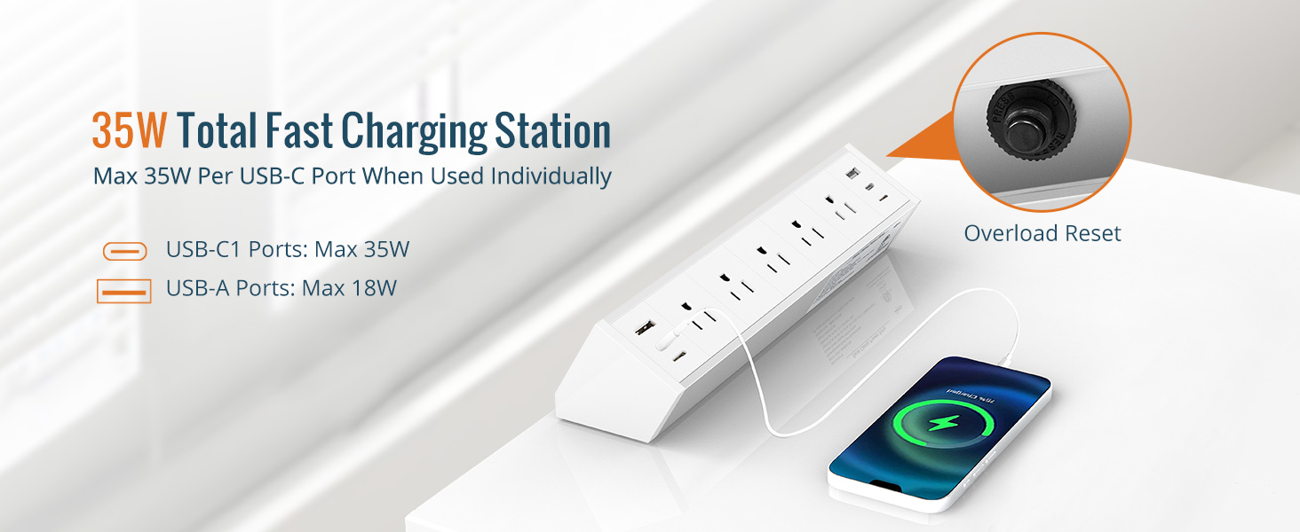 Desk Clamp Power Strip 5 Outlet with 2 USB A and 4 USB C Ports