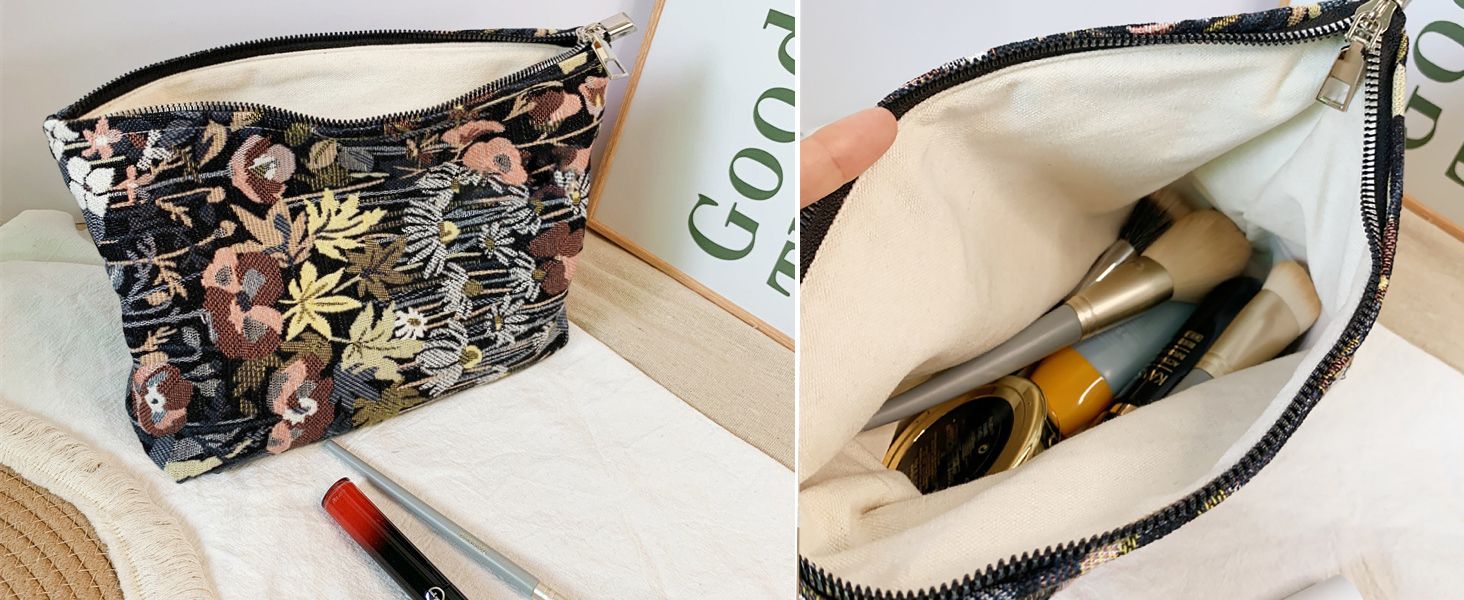 woven texture fabric maekup bag for women purse, travel yoga gym car houme and office organizer