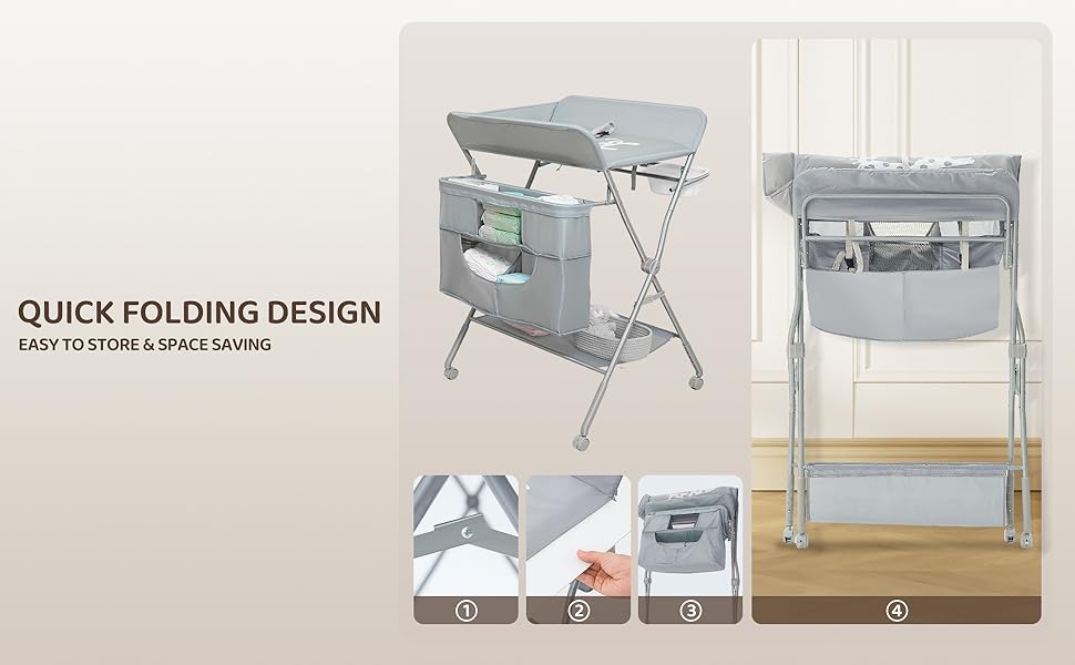 Text reads 'QUICK FOLDING DESIGN' and 'EASY TESTING & UPHOLSTERING'. Product assembly sequence showing folding bed or furniture frame in various stages.