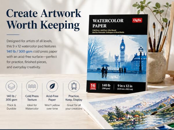 Ogfu Watercolor Paper Pad 9"x12", 140lb/300gsm Cold Press Water Color Paper Pad