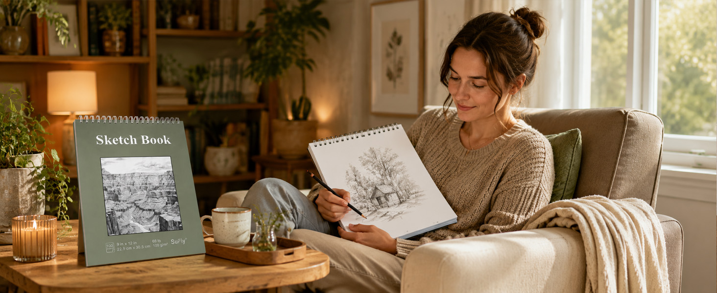 An adult artist draws a pencil landscape in a SuFly spiral sketchbook while relaxing at home.