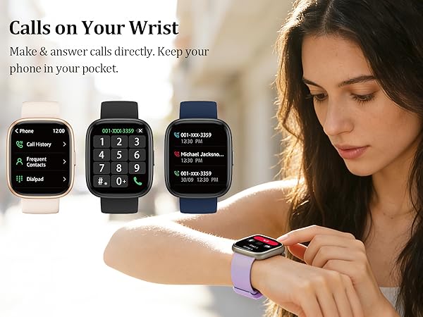 Text reads 'Calls on Your Wrist' and 'Make & answer calls directly, keep your phone in your pocket'. Smartwatch advertisement showing device interfaces and calling features with multiple watch models displayed.