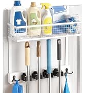 Lorbro Over the Door Broom Holder with Cleaning Supply Organizer, Wooden Mop and Broom Holder Wal...