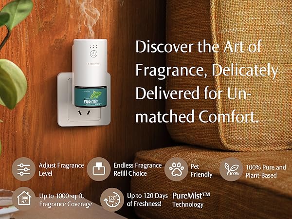 White cylindrical device for fragrance delivery. Text describes 'Art of Fragrance' with icons showing product features and benefits.
