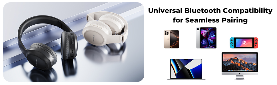 Wireless headphones in black and white, showcasing "Universal Bluetooth Compatibility for Seamless Pairing" with icons of various devices including smartphones, tablets, and computers.