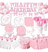 QIYANPAX Pink Bow Birthday Decorations Include Plates, Napkins, Cups, Cutlery, Banner, Hanging Sw...