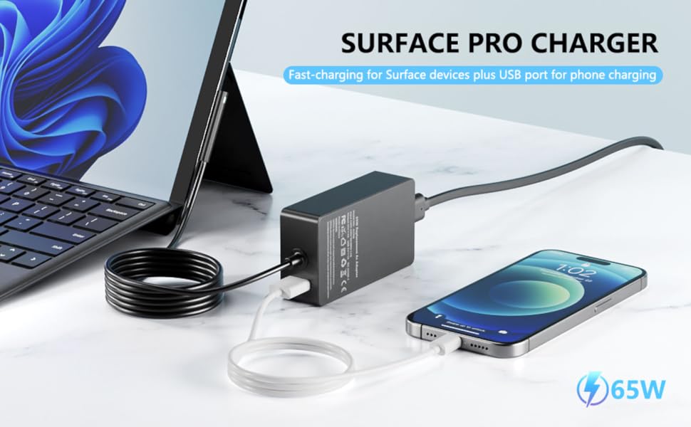 65W Surface Pro Charger Fast-charging for Surface devices plus USB port for phone charging
