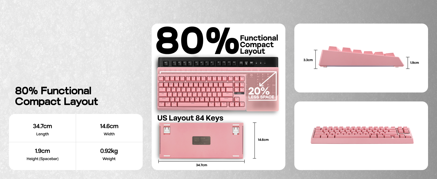 Pink compact keyboard with 80% functional layout, featuring 84 keys in US layout. Multiple views show its slim profile and key arrangement.
