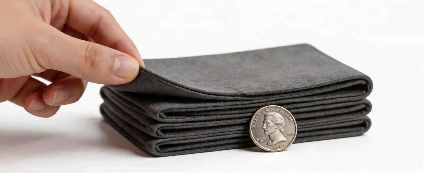 Fingers pinching edge of thick grey microfiber cloth showing density.