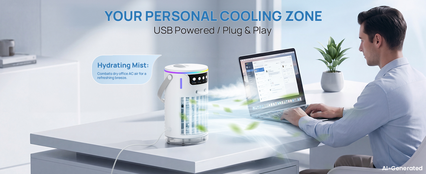 Quiet plug-and-play USB portable air conditioner brings misting cooling to your office desk