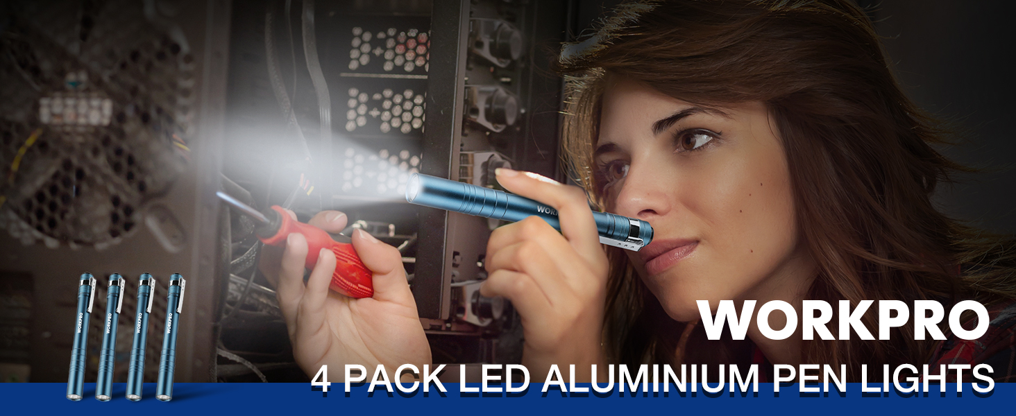 WORKPRO 4PK 2AAA Aluminium Pen Light Set