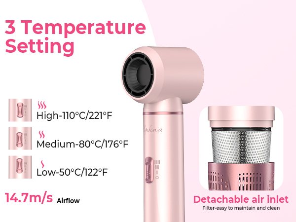 Text reads '3 Temperature Setting', 'High-110°C/221°F', 'Medium-80°C/176°F', 'Low-50°C/122°F', '14.7m/s airflow', 'Detachable air inlet'. Pink cylindrical device with detachable mesh filter component.