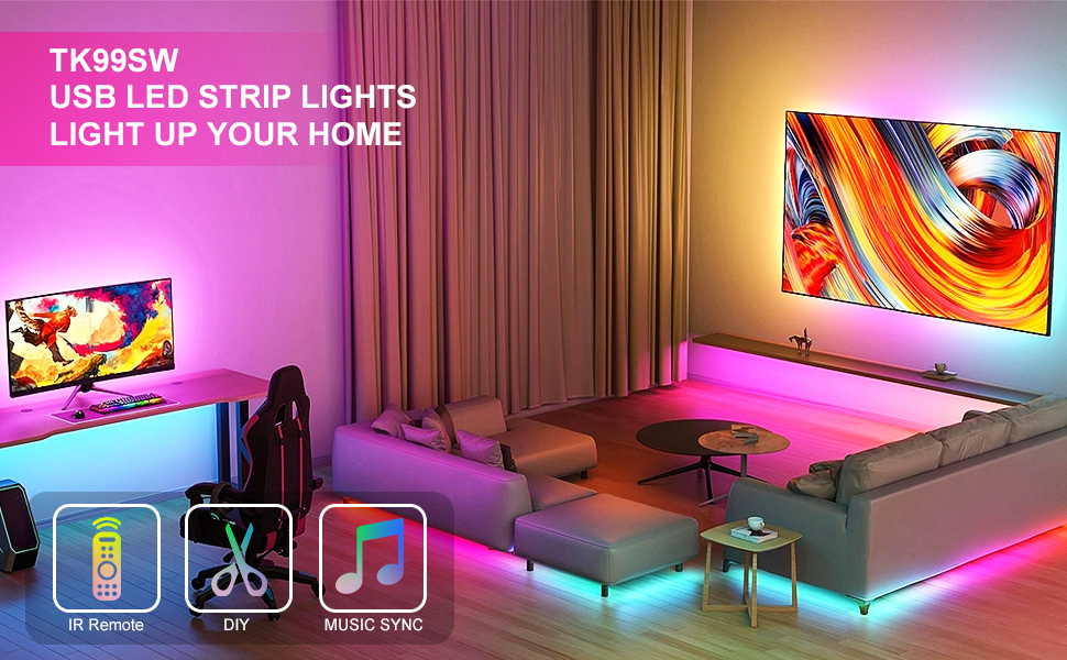 LED strip lights installation showing pink and blue ambient lighting in a living room setting with TV and couch, model TK99SW with USB connectivity.