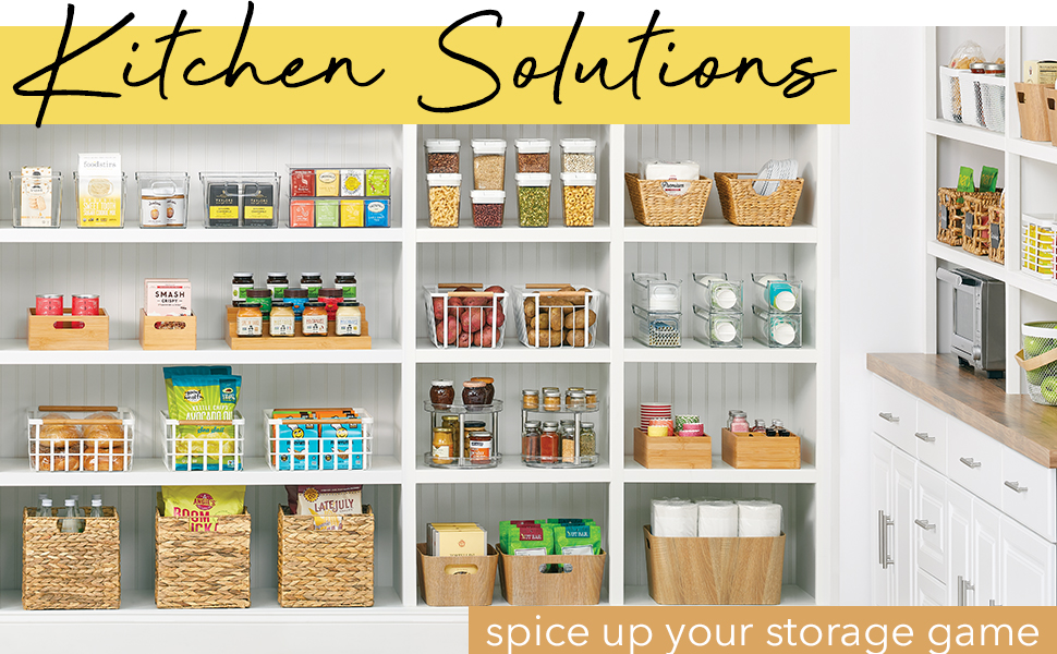 kitchen solutions heading, pantry setting, white shelves, bins, baskets holding organized food items