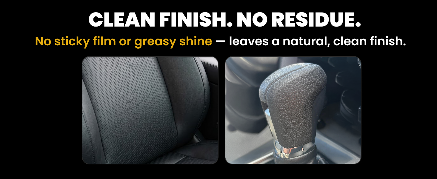 Black leather seat and gear shifter with a clean matte finish and no greasy residue